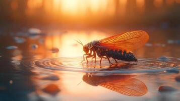 Cicada standing on the water with reflection photo