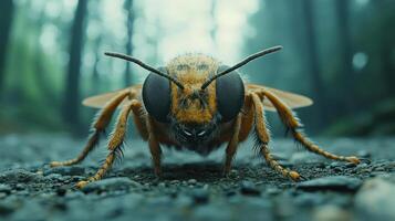 A large hornet is crawling on the ground in a forest. photo