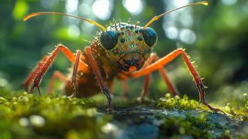 A close-up of a colorful insect on a mossy rock. photo
