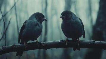 Two birds sitting on a branch in a forest. photo