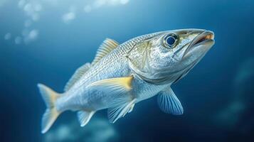A fish swimming in the ocean with a blue background photo