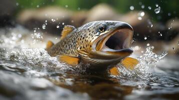 A brown trout is jumping out of the water with its mouth wide open. photo