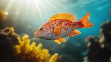A red snapper swims in the ocean with a bright sunburst in the background. photo