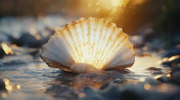 A shell is lying on the beach at sunset. photo