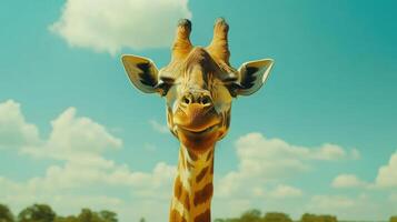 A giraffe is looking at the camera with a blue sky and clouds in the background. photo