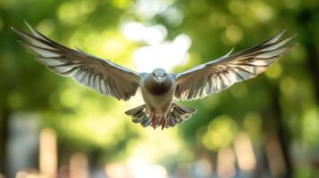 A pigeon is flying in the air with wings wide open. photo