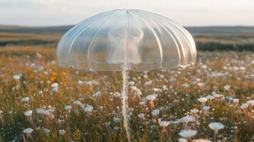 A transparent umbrella is standing in a field of flowers. photo
