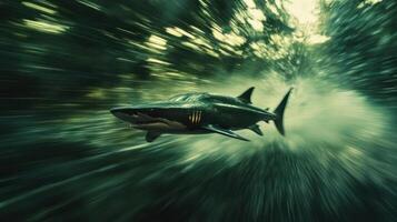 A great white shark is shown in the middle of the image, with its mouth open and its teeth showing. photo