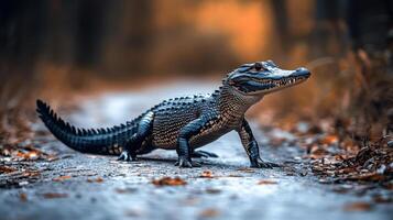A young alligator is standing on a wet road in the middle of a forest. photo