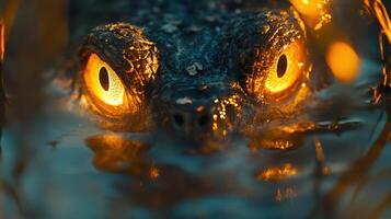 A crocodile is seen in the water with its eyes glowing yellow. photo