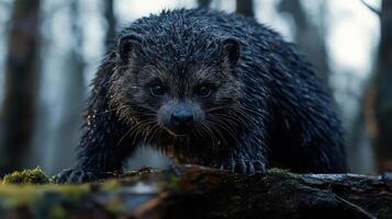 A raccoon dog is standing on a tree trunk in the forest. photo