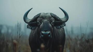 A large African buffalo stands in a field of tall grass. photo