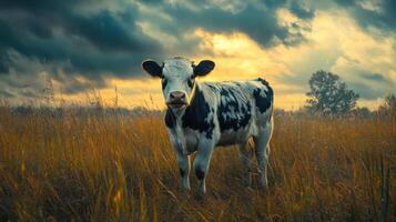 A cow stands in a field at sunset. photo