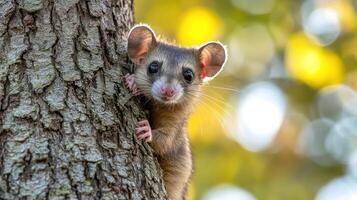 A small possum is peeking out from behind a tree. photo