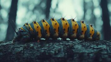 A caterpillar is crawling on a tree trunk in a forest. photo