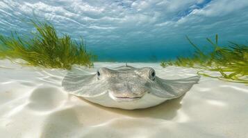 A stingray is resting on the sand in the shallows of the ocean. photo