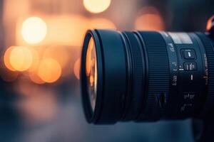 A camera lens is shown in front of a blurry background photo