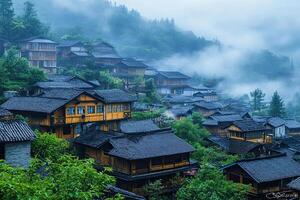 A village in the mountains with many wooden houses photo