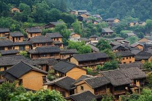 A village in the mountains with many houses photo