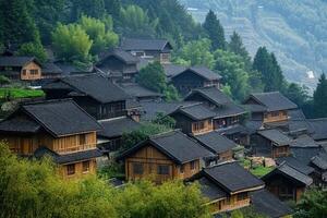 A village in the mountains with many wooden houses photo