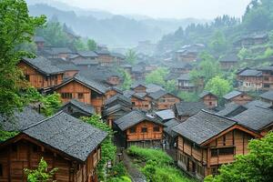 A bunch of wooden houses in a forest photo