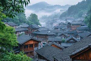 A view of a village in the mountains photo
