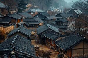 A village in the mountains with many houses photo