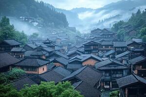 A village in the mountains with many wooden houses photo