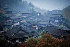 A group of houses in a foggy area photo