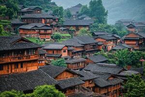 A village in china with wooden houses photo