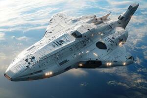A spaceship flying in space above the earth photo