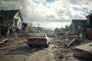 A car is parked in a destroyed neighborhood photo