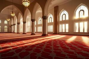 A large room with red carpet and arched windows photo