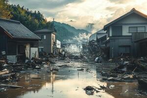A flooded street in japan with houses and trees photo