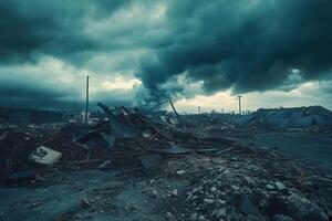 A view of a destroyed building with dark clouds photo
