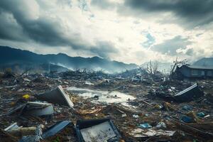 A pile of debris and trash in a field photo