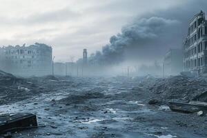 A city with a lot of rubble and smoke coming out of it photo