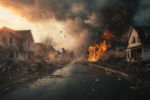A street with houses on fire and smoke coming out of the sky photo