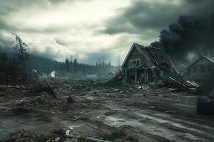 A house is surrounded by rubble and smoke photo