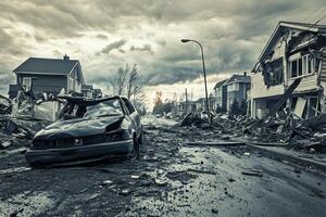 A car is sitting in the middle of a destroyed street photo