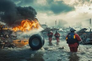Firemen in red uniforms standing in water with a burning tire photo