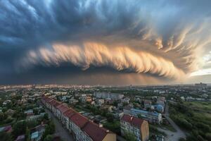 A large storm cloud is seen over a city photo