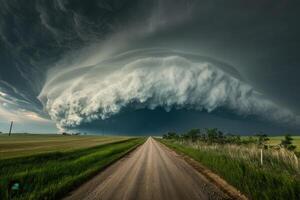 A large storm cloud is seen over a rural road photo