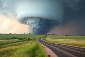 A tornado is seen over a road photo