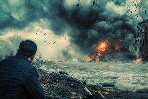 A man sitting on the ground looking at a burning building photo