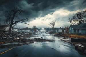 A street with debris and trees in the middle of a stormy day photo