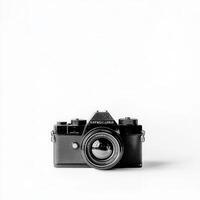 Retro camera, minimalist studio, white backdrop, photography photo