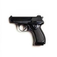 Black handgun, studio shot, white background, crime scene photo