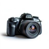 Black DSLR camera, studio shot, white background, sunset reflection photo