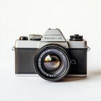 Vintage camera studio shot, white backdrop photo